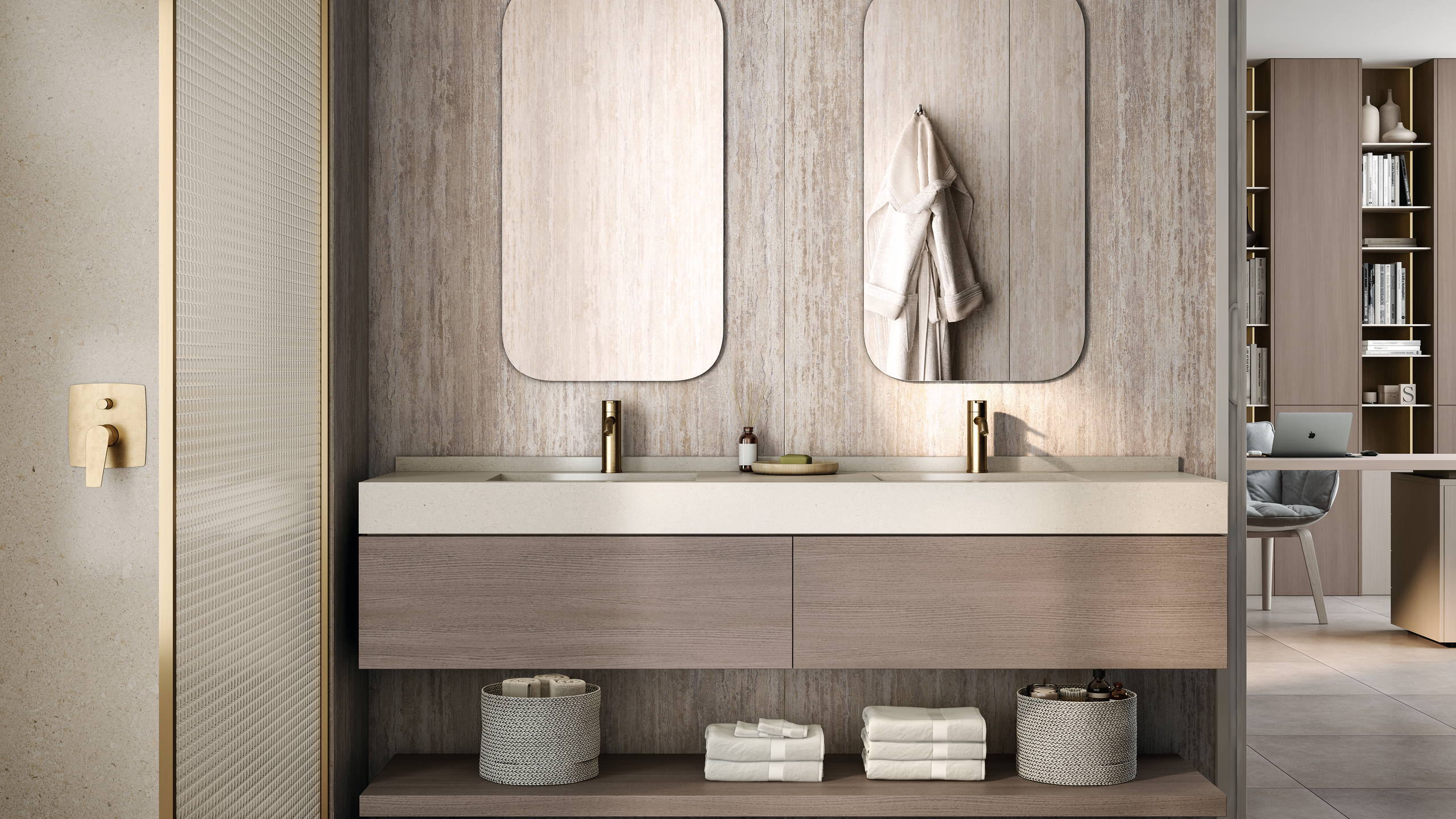 Baño con mueble doble y dos espejos